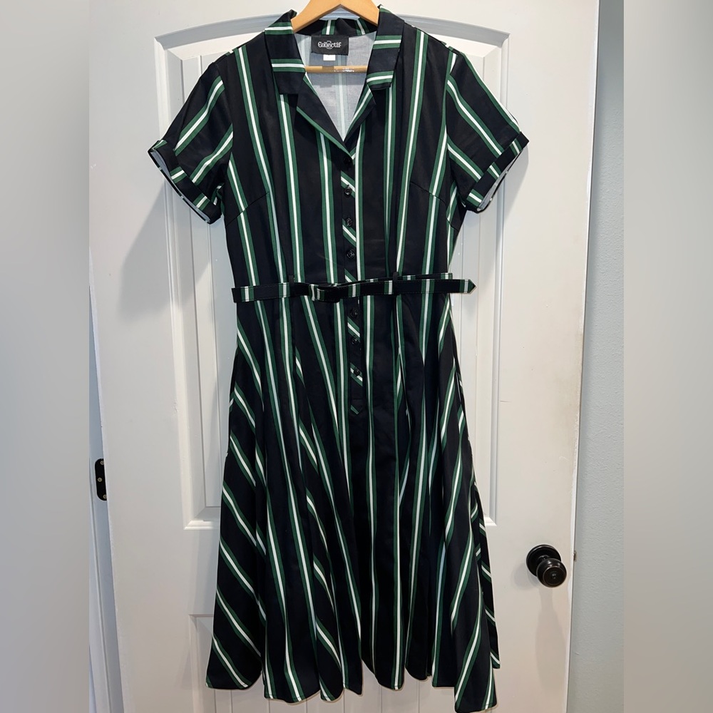 Collectif navy/green stripe belted dress, UK 16